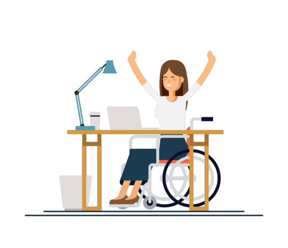 Disabled young woman in wheelchair working with computer