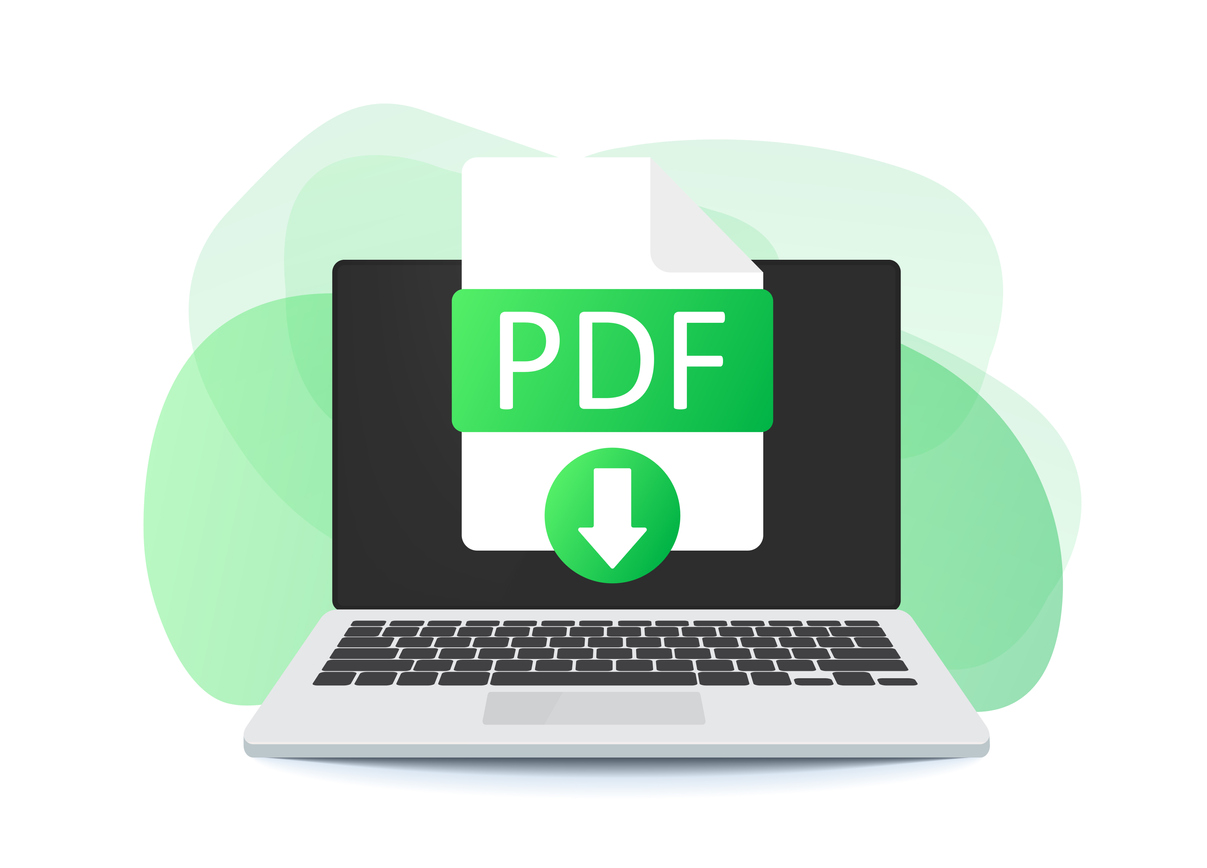 Download PDF button on laptop screen. Downloading document concept. PDF label and down arrow sign. Vector stock illustration.