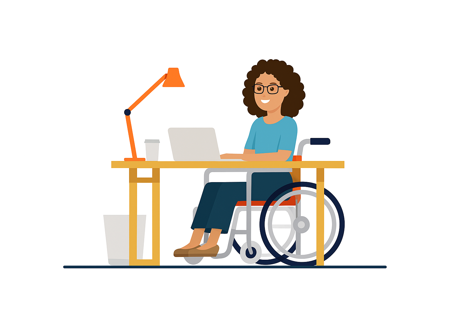 Illustration of a smiling woman using a laptop at a desk while seated in a wheelchair, with a desk lamp and coffee cup on the table.