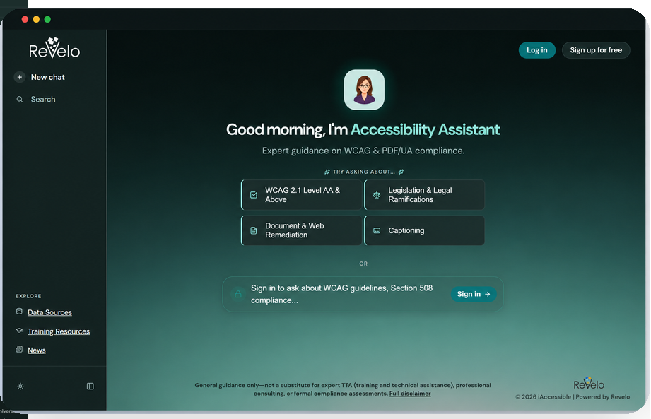 Accessibility Assistant response with key details, remediation guidance, testing recommendations, and references.