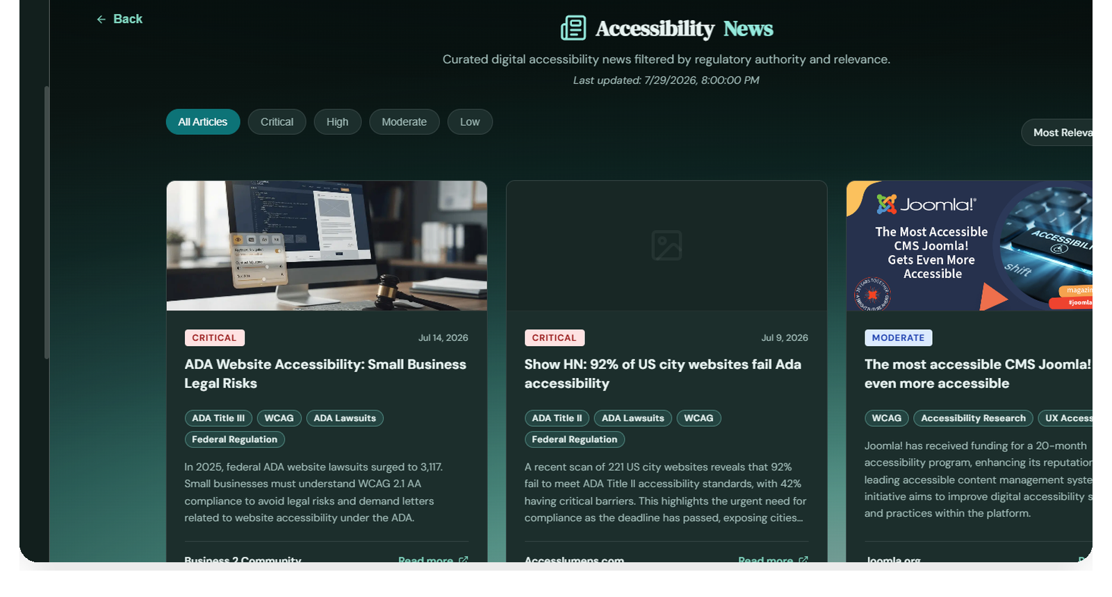 Accessibility News page with curated articles and filters for regulatory, standards, and enforcement updates.