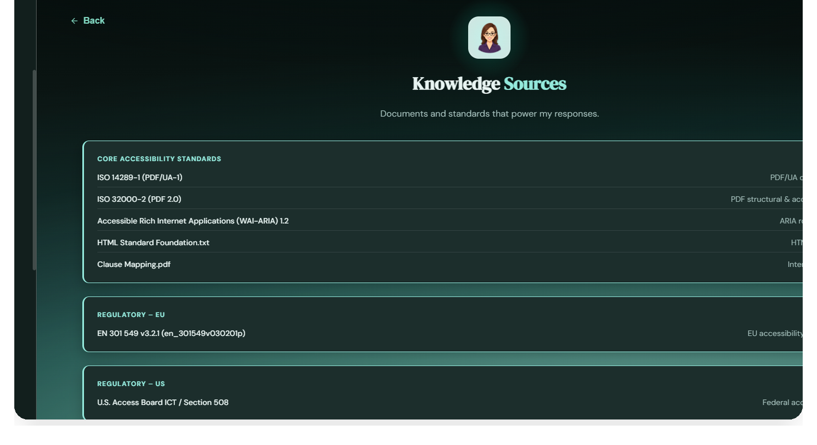 Knowledge Sources page listing accessibility standards, regulations, technical guides, and research resources.