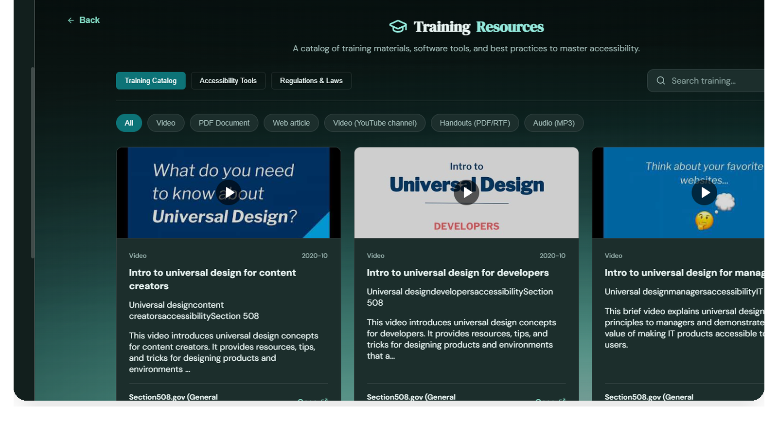 Training Resources page with videos, documents, articles, handouts, audio resources, and accessibility tools.